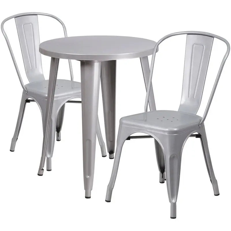 Brimmes 3pcs Round 24'' Silver Metal Table w/2 Cafe Chairs iHome Studio