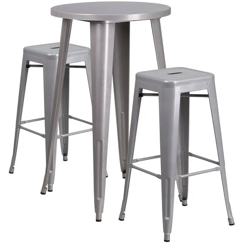 Brimmes 3pcs Round 24'' Silver Metal Table w/2 Square Seat Backless Barstool iHome Studio