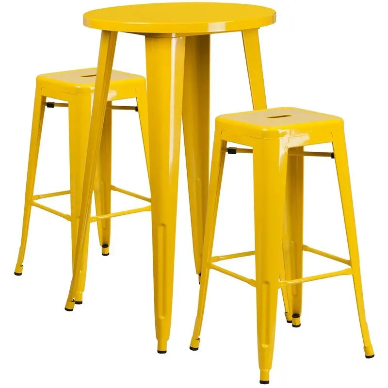 Brimmes 3pcs Round 24'' Yellow Metal Table w/2 Square Seat Backless Barstool iHome Studio