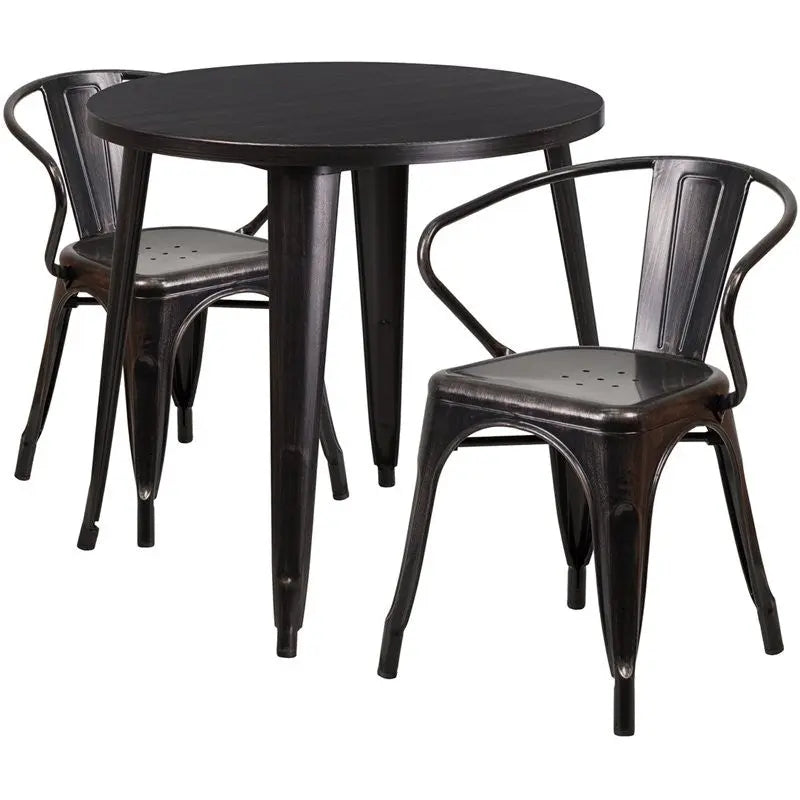 Brimmes 3pcs Round 30'' Black-Antique Gold Metal Table w/2 Arm Chairs iHome Studio