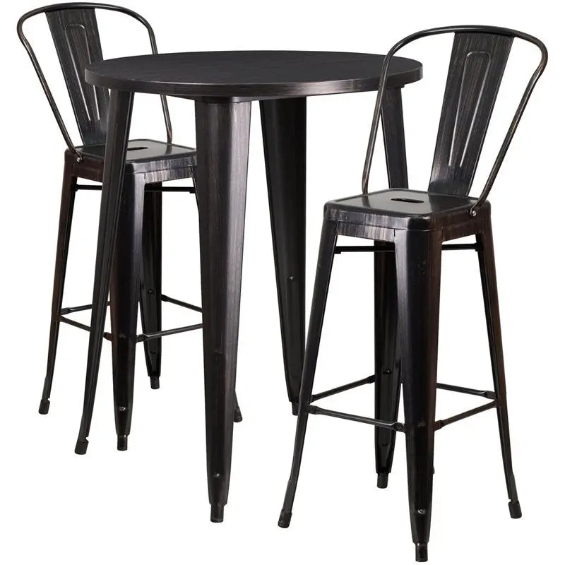 Brimmes 3pcs Round 30'' Black-Antique Gold Metal Table w/2 Cafe Barstool iHome Studio