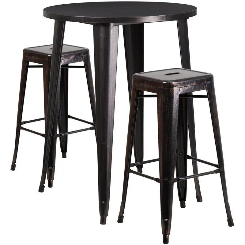 Brimmes 3pcs Round 30'' Black-Antique Gold Metal Table w/2 Square Backless Barstool iHome Studio