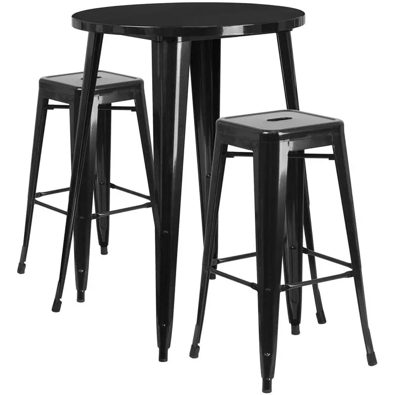Brimmes 3pcs Round 30'' Black Metal Table w/2 Square Seat Backless Barstool iHome Studio