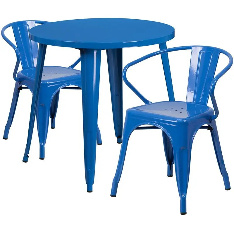 Brimmes 3pcs Round 30'' Blue Metal Table w/2 Arm Chairs iHome Studio