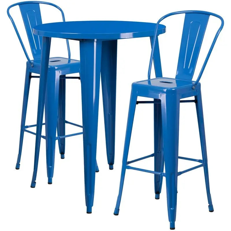 Brimmes 3pcs Round 30'' Blue Metal Table w/2 Cafe Barstool iHome Studio