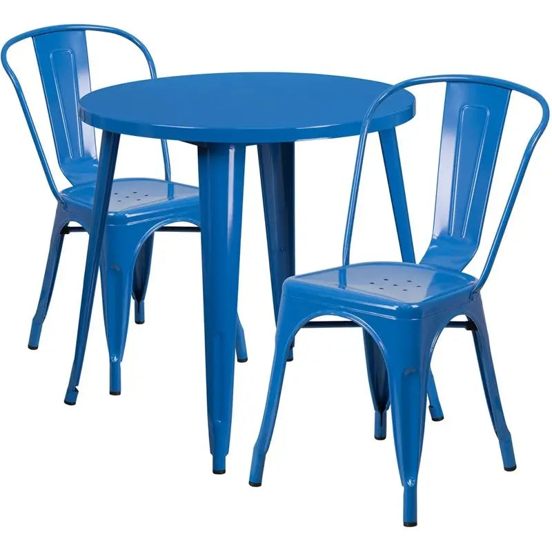 Brimmes 3pcs Round 30'' Blue Metal Table w/2 Cafe Chairs iHome Studio