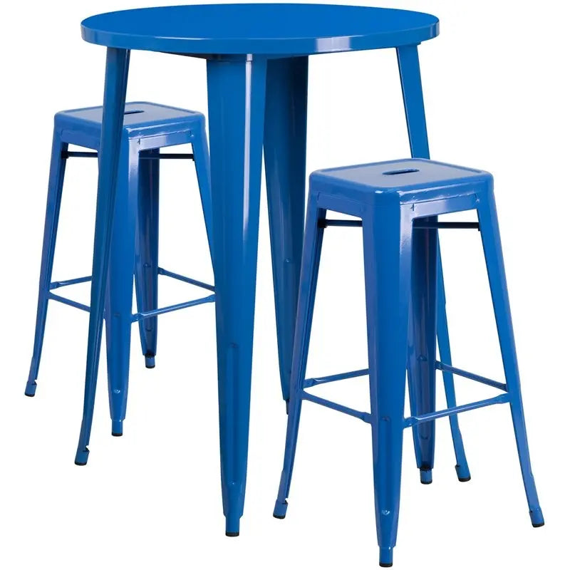 Brimmes 3pcs Round 30'' Blue Metal Table w/2 Square Seat Backless Barstool iHome Studio