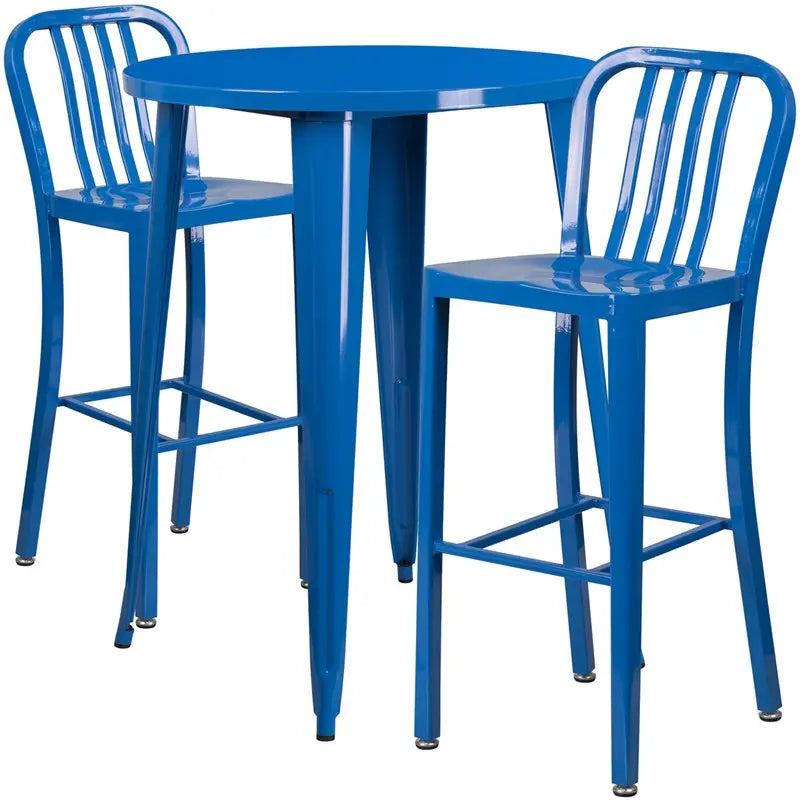 Brimmes 3pcs Round 30'' Blue Metal Table w/2 Vertical Slat Back Barstool iHome Studio