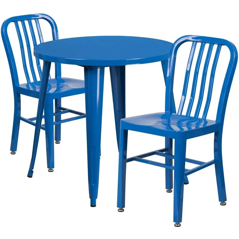 Brimmes 3pcs Round 30'' Blue Metal Table w/2 Vertical Slat Back Chairs iHome Studio
