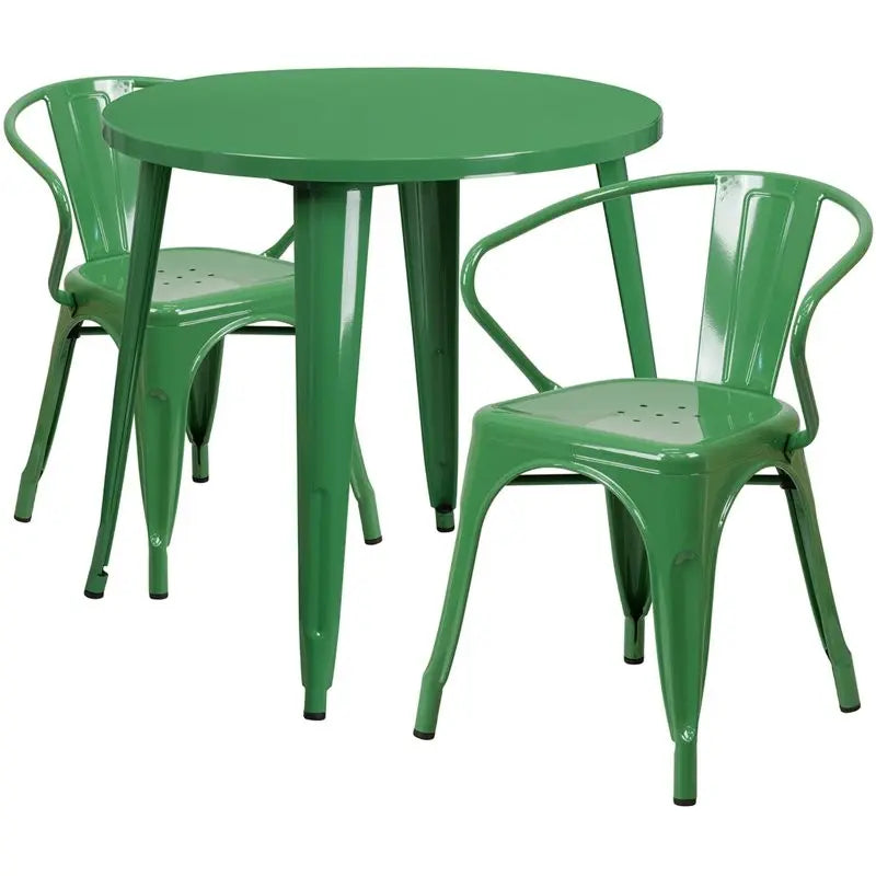 Brimmes 3pcs Round 30'' Green Metal Table w/2 Arm Chairs iHome Studio