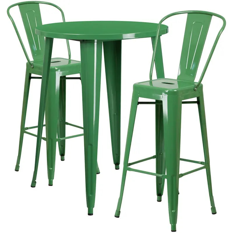 Brimmes 3pcs Round 30'' Green Metal Table w/2 Cafe Barstool iHome Studio