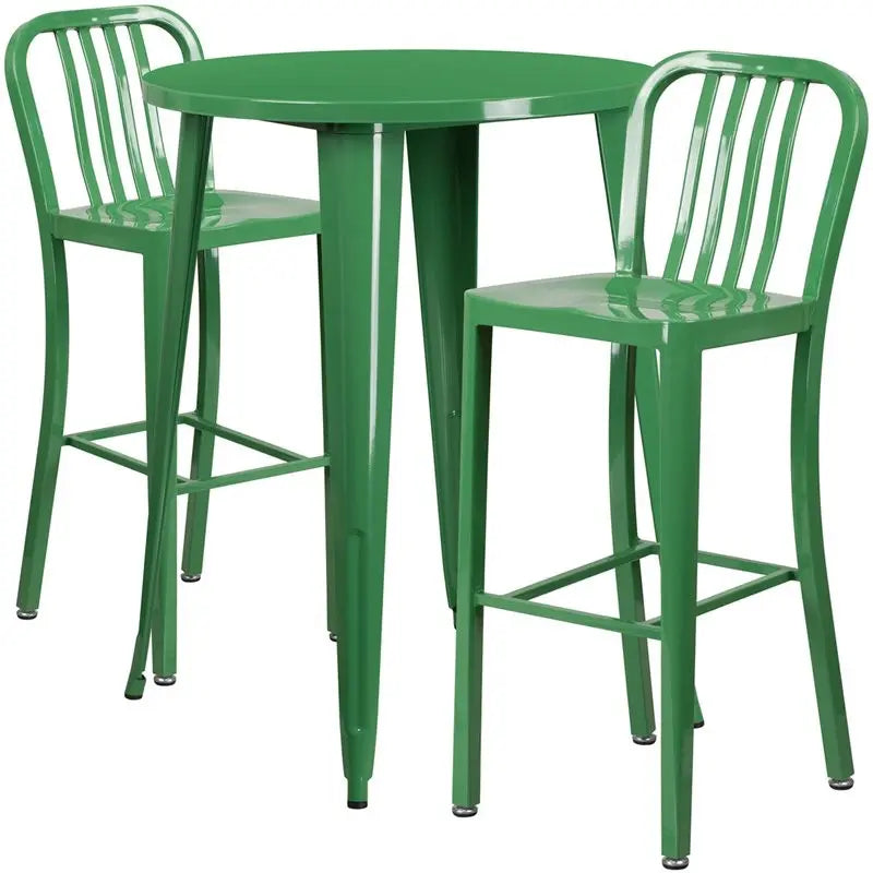 Brimmes 3pcs Round 30'' Green Metal Table w/2 Vertical Slat Back Barstool iHome Studio
