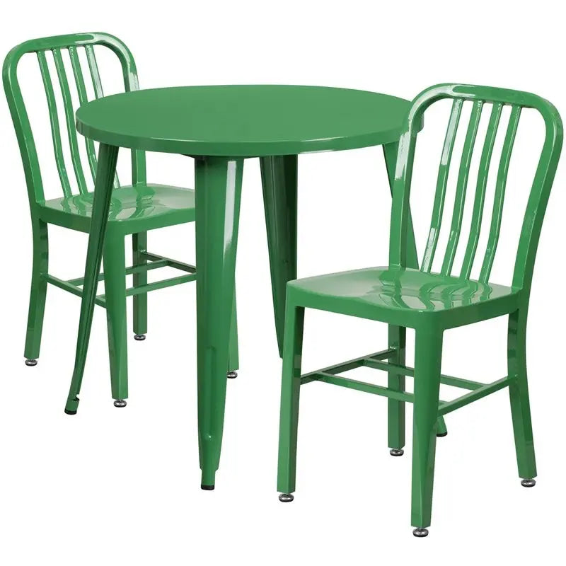 Brimmes 3pcs Round 30'' Green Metal Table w/2 Vertical Slat Back Chairs iHome Studio