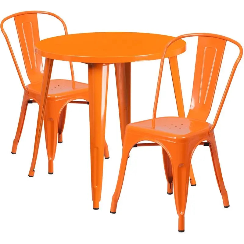 Brimmes 3pcs Round 30'' Orange Metal Table w/2 Cafe Chairs iHome Studio