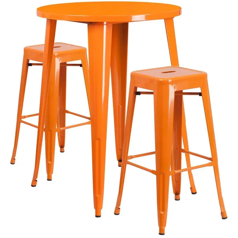 Brimmes 3pcs Round 30'' Orange Metal Table w/2 Square Seat Backless Barstool iHome Studio