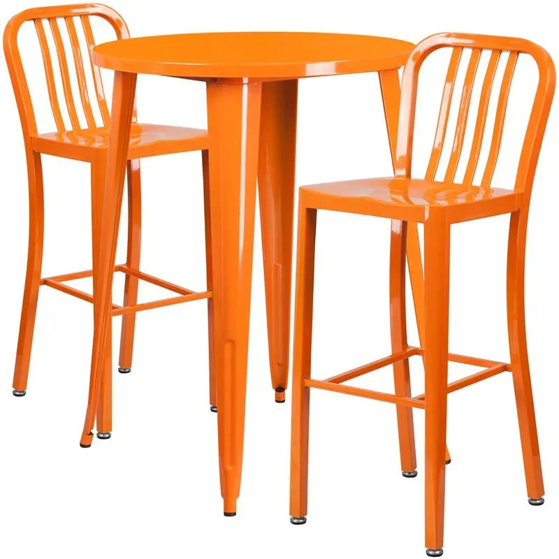 Brimmes 3pcs Round 30'' Orange Metal Table w/2 Vertical Slat Back Barstool iHome Studio