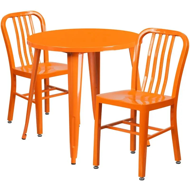 Brimmes 3pcs Round 30'' Orange Metal Table w/2 Vertical Slat Back Chairs iHome Studio