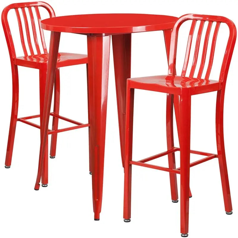 Brimmes 3pcs Round 30'' Red Metal Table w/2 Vertical Slat Back Barstool iHome Studio