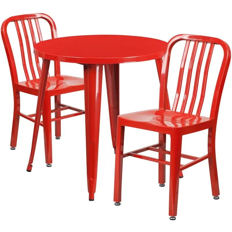 Brimmes 3pcs Round 30'' Red Metal Table w/2 Vertical Slat Back Chairs iHome Studio