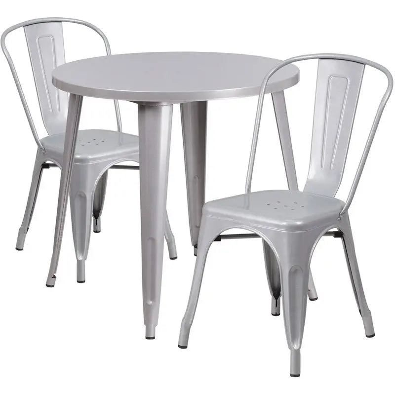 Brimmes 3pcs Round 30'' Silver Metal Table w/2 Cafe Chairs iHome Studio
