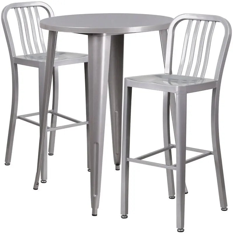 Brimmes 3pcs Round 30'' Silver Metal Table w/2 Vertical Slat Back Barstool iHome Studio