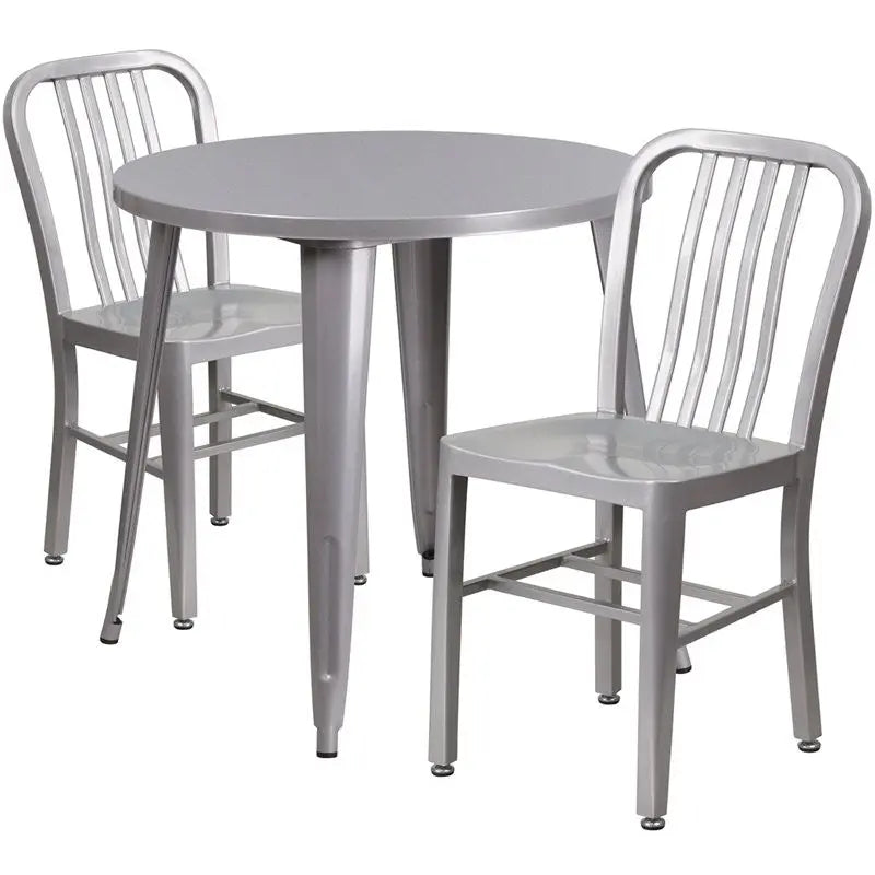 Brimmes 3pcs Round 30'' Silver Metal Table w/2 Vertical Slat Back Chairs iHome Studio