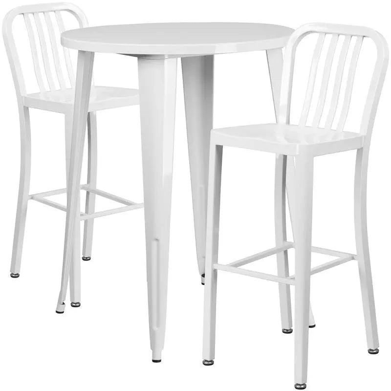 Brimmes 3pcs Round 30'' White Metal Table w/2 Vertical Slat Back Barstool iHome Studio