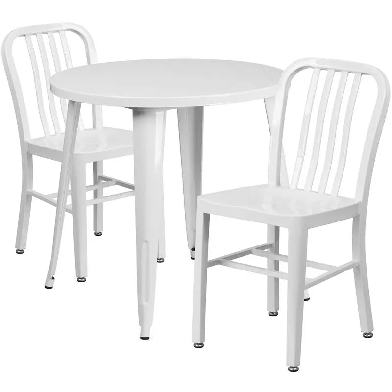 Brimmes 3pcs Round 30'' White Metal Table w/2 Vertical Slat Back Chairs iHome Studio
