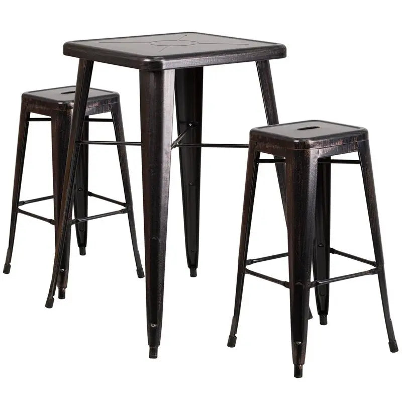 Brimmes 3pcs Square 23.75'' Black-Antique Gold Metal Table w/2 Square Backless Barstool iHome Studio