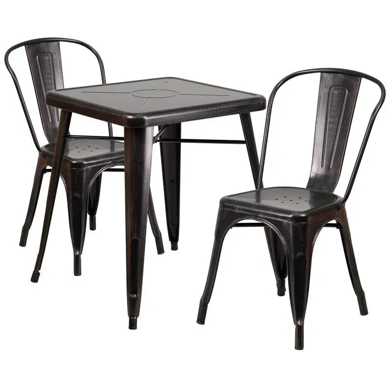 Brimmes 3pcs Square 23.75'' Black-Antique Gold Metal Table w/2 Stack Chairs iHome Studio