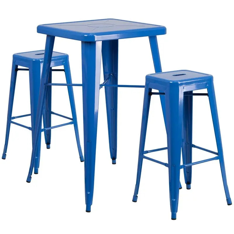 Brimmes 3pcs Square 23.75'' Blue Metal Table w/2 Square Seat Backless Barstool iHome Studio