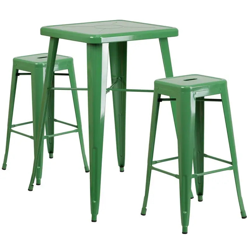 Brimmes 3pcs Square 23.75'' Green Metal Table w/2 Square Seat Backless Barstool iHome Studio