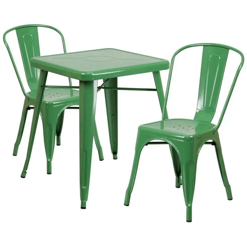 Brimmes 3pcs Square 23.75'' Green Metal Table w/2 Stack Chairs iHome Studio