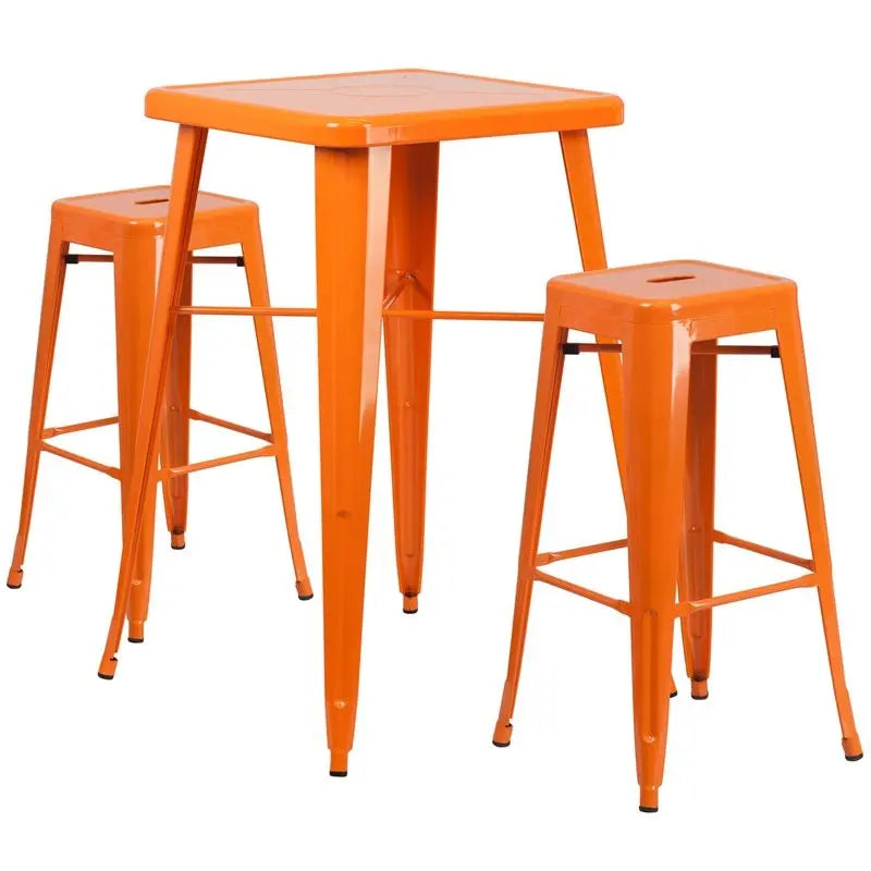 Brimmes 3pcs Square 23.75'' Orange Metal Table w/2 Square Seat Backless Barstool iHome Studio