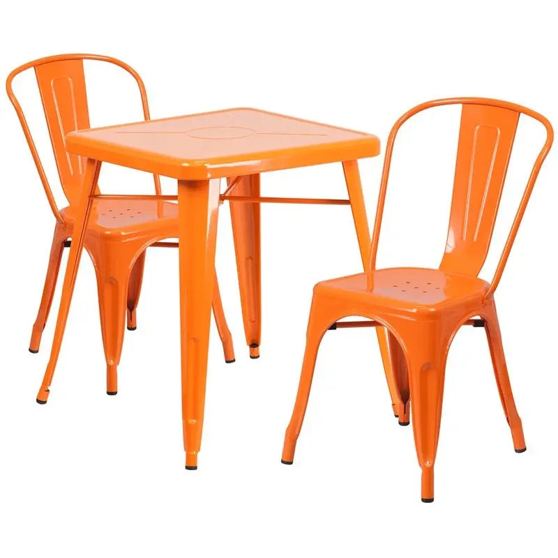 Brimmes 3pcs Square 23.75'' Orange Metal Table w/2 Stack Chairs iHome Studio