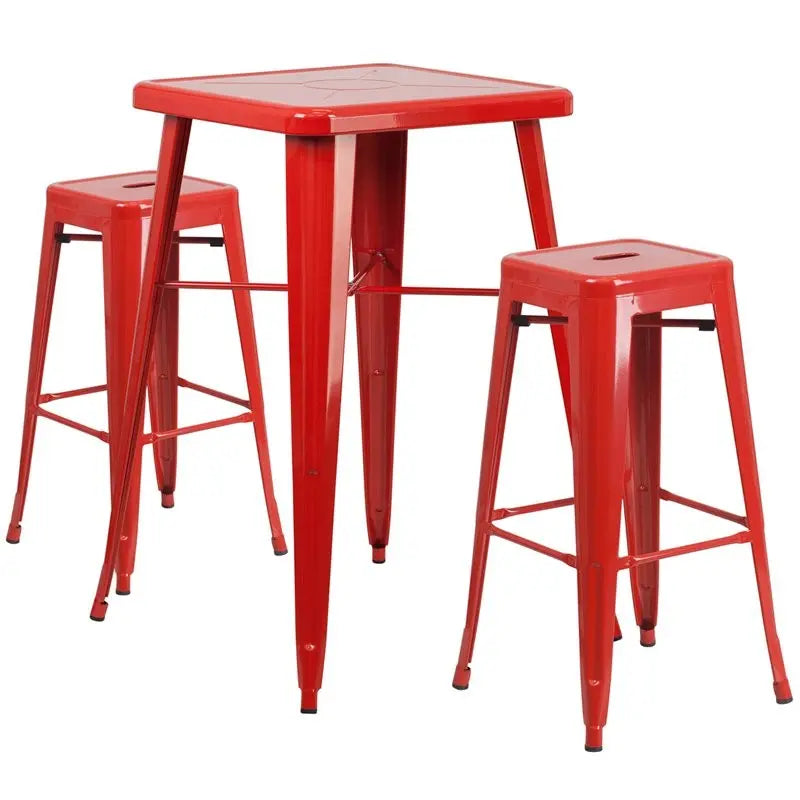 Brimmes 3pcs Square 23.75'' Red Metal Table w/2 Square Seat Backless Barstool iHome Studio