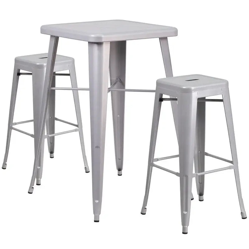 Brimmes 3pcs Square 23.75'' Silver Metal Table w/2 Square Seat Backless Barstool iHome Studio
