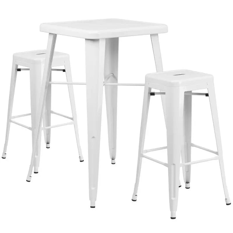 Brimmes 3pcs Square 23.75'' White Metal Table w/2 Square Seat Backless Barstool iHome Studio