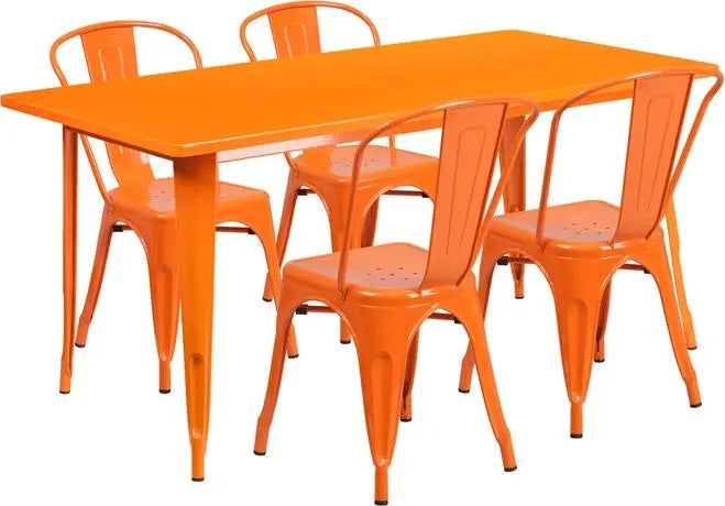 Brimmes 5pcs Rectangular 31.5'' x 63'' Orange Metal Table w/4 Stack Chairs iHome Studio