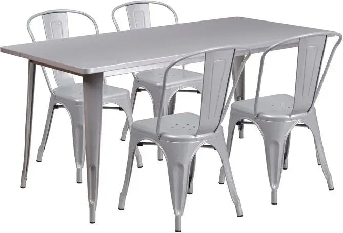 Brimmes 5pcs Rectangular 31.5'' x 63'' Silver Metal Table w/4 Stack Chairs iHome Studio