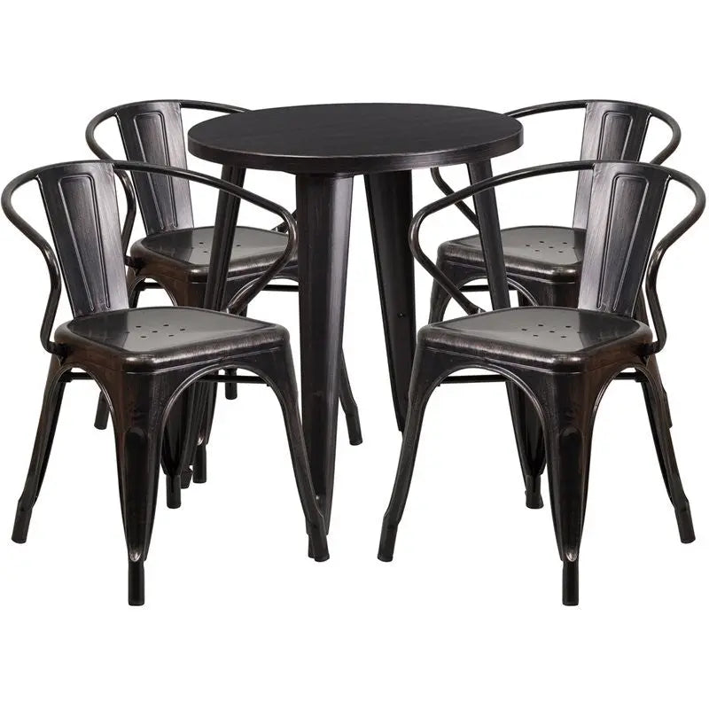 Brimmes 5pcs Round 24'' Black-Antique Gold Metal Table w/4 Arm Chairs iHome Studio