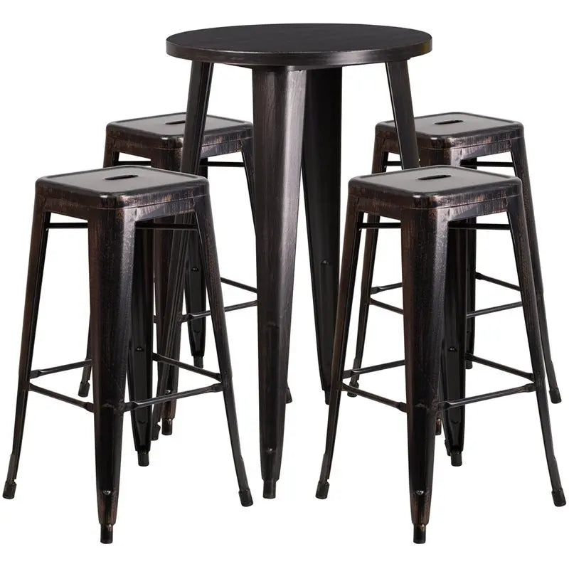 Brimmes 5pcs Round 24'' Black-Antique Gold Metal Table w/4 Backless Barstool iHome Studio