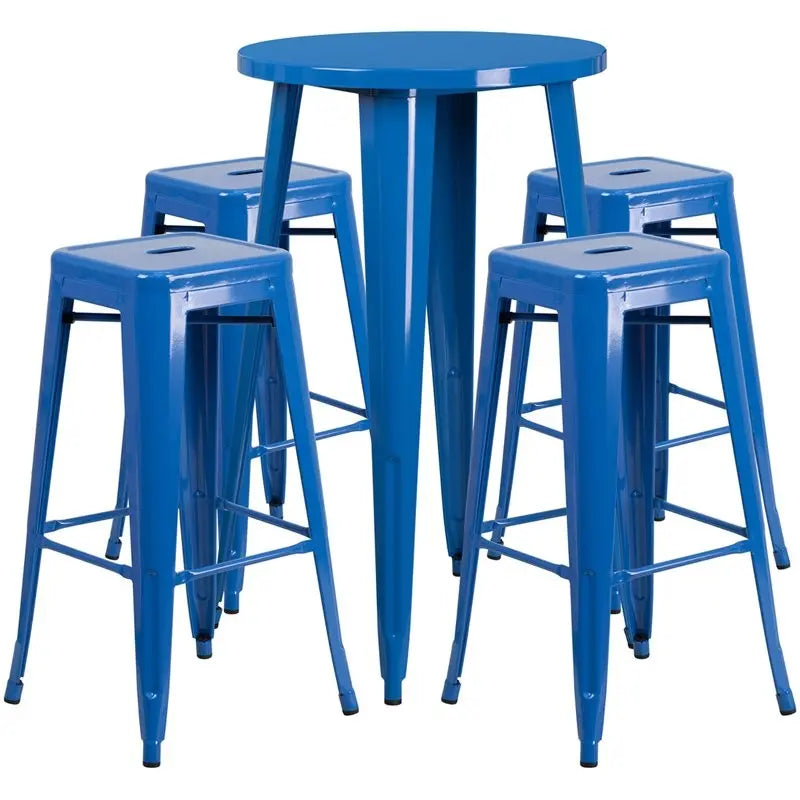 Brimmes 5pcs Round 24'' Blue Metal Table w/4 Square Seat Backless Barstool iHome Studio
