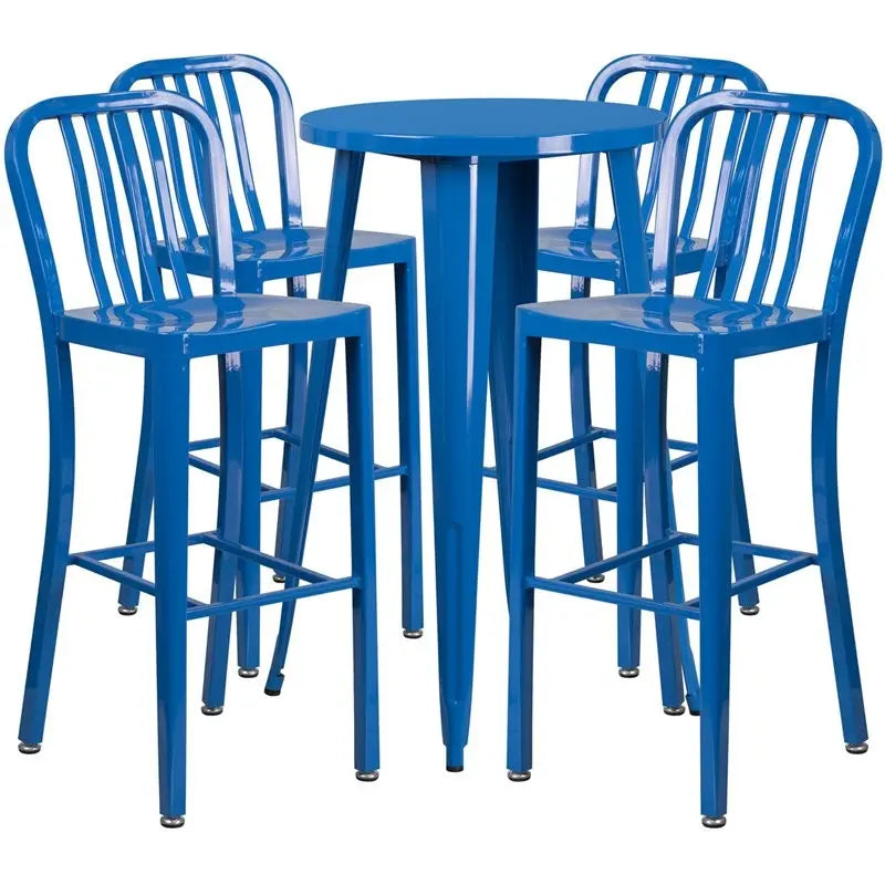 Brimmes 5pcs Round 24'' Blue Metal Table w/4 Vertical Slat Back Barstool iHome Studio