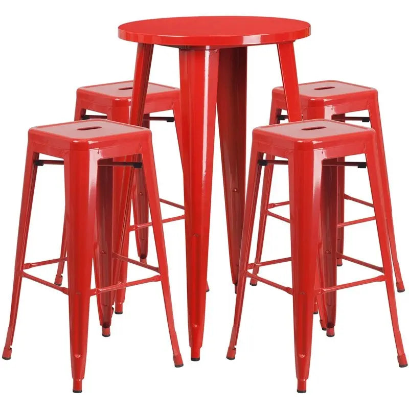 Brimmes 5pcs Round 24'' Red Metal Table w/4 Square Seat Backless Barstool iHome Studio