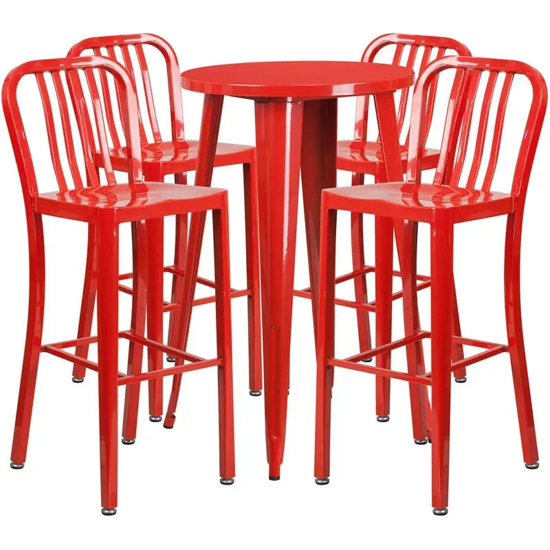 Brimmes 5pcs Round 24'' Red Metal Table w/4 Vertical Slat Back Barstool iHome Studio