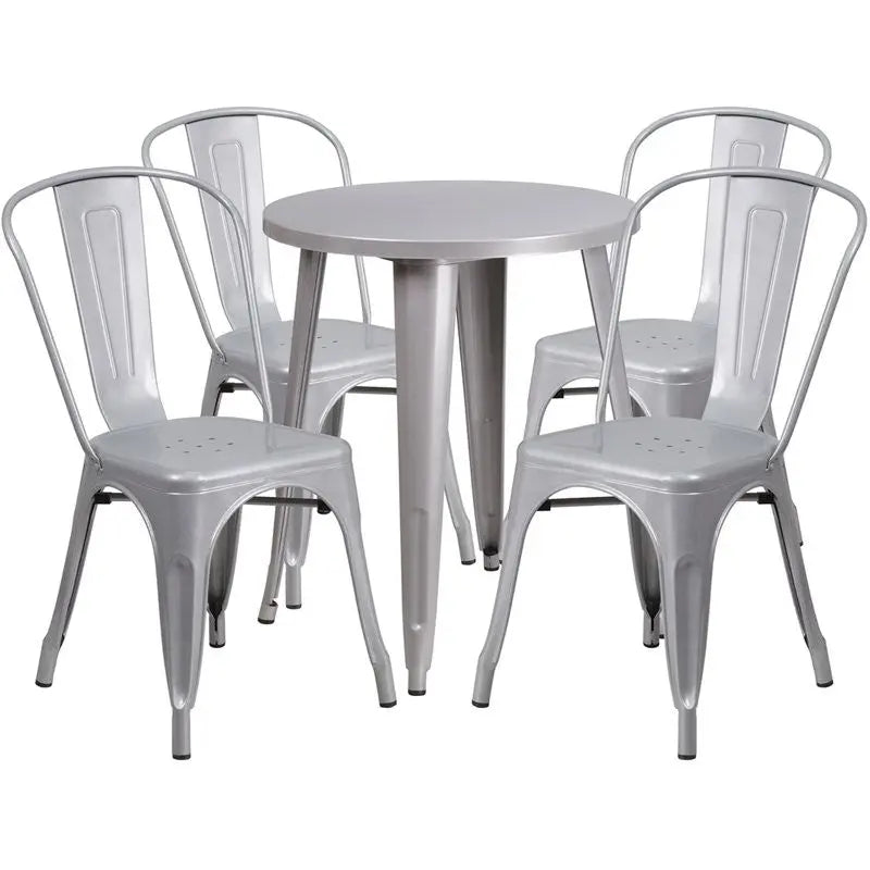 Brimmes 5pcs Round 24'' Silver Metal Table w/4 Cafe Chairs iHome Studio