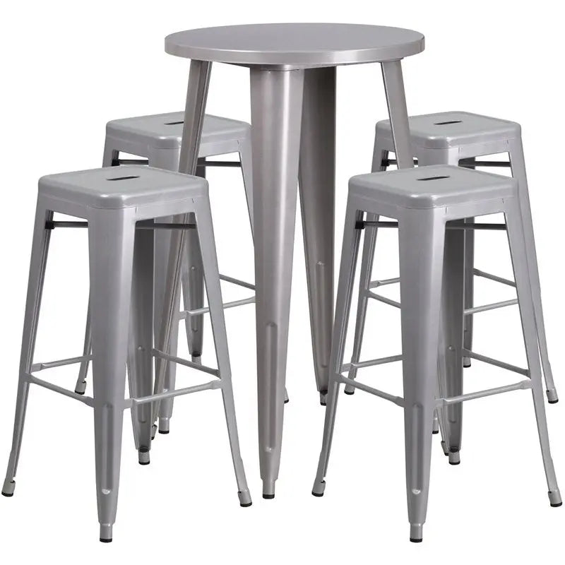 Brimmes 5pcs Round 24'' Silver Metal Table w/4 Square Seat Backless Barstool iHome Studio