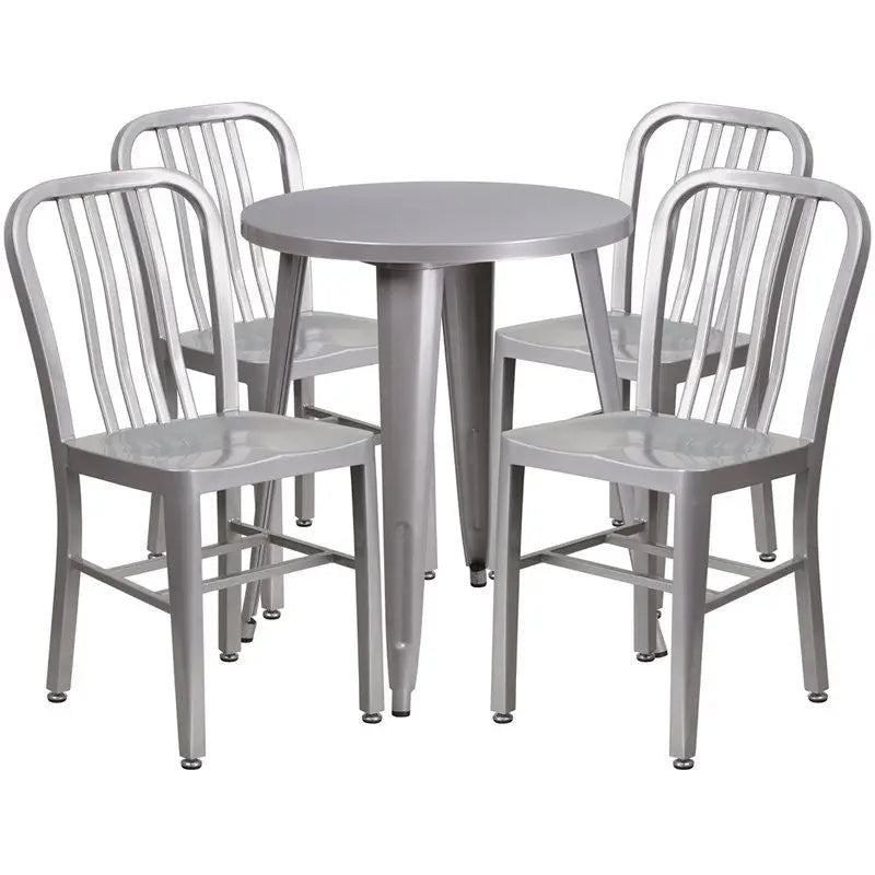 Brimmes 5pcs Round 24'' Silver Metal Table w/4 Vertical Slat Back Chairs iHome Studio