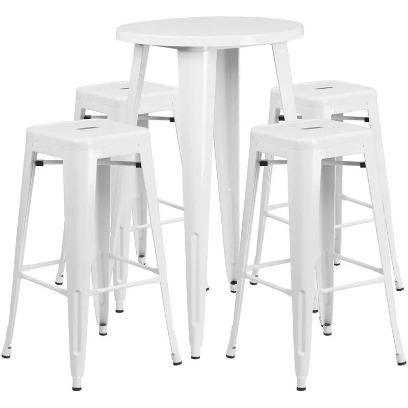 Brimmes 5pcs Round 24'' White Metal Table w/4 Square Seat Backless Barstool iHome Studio